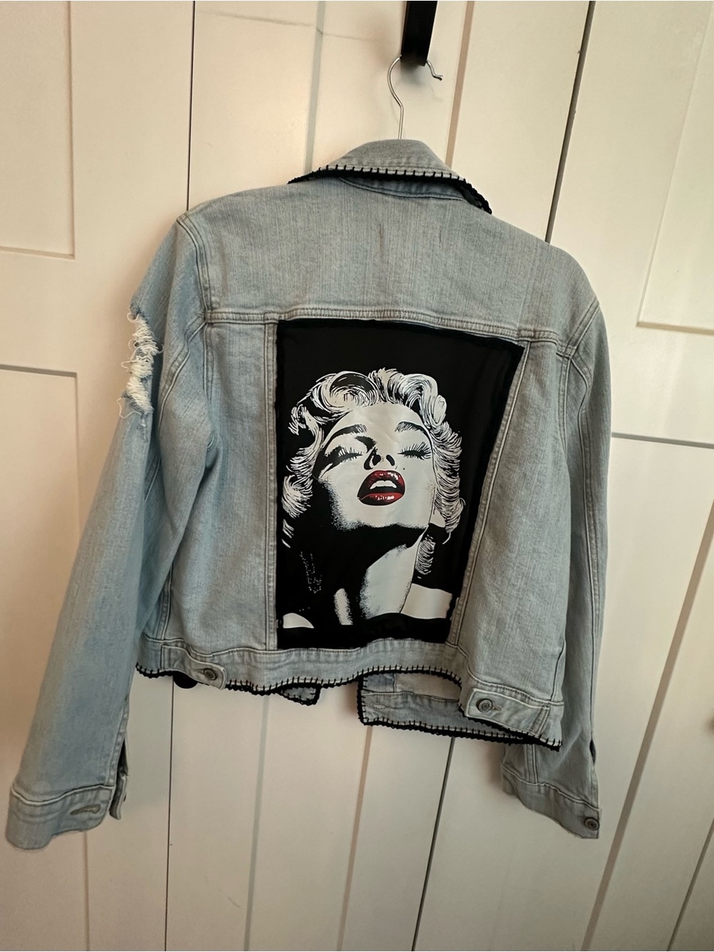 eunina Denim Jacket with Black crochet trim and Marilyn Monroe picture